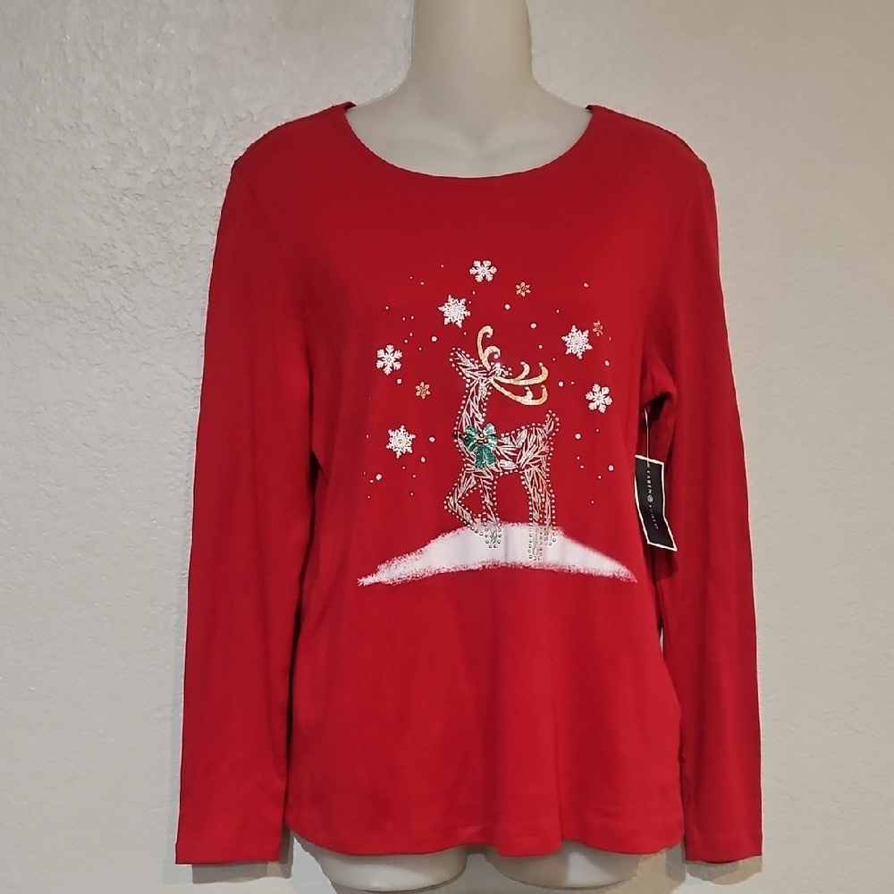 Karen Scott | NWT Women's Holiday Red Glitter Rhinestone Reindeer Design Tee M